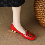 SAIFEI小众设计红色小皮鞋圆头浅口金属扣春季简约纯色套脚单鞋女