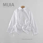 设计款抽褶白色衬衫女欧美风POLO领长袖宽松显瘦休闲百搭衬衫上衣