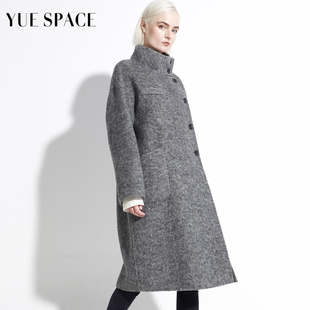 YUESPACE双面羊毛大衣女宽松直筒毛呢外套秋冬单排扣立领兔毛时尚
