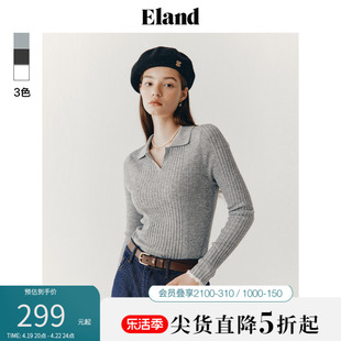 eland衣恋毛衣秋冬女套头罗纹紧身刺绣，logo撞色袖口上衣