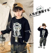 日系男童潮牌猿猴假两件t恤长袖中大儿童套装春秋季宽松黑色上衣