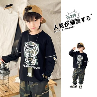 日系男童潮牌猿猴假两件t恤长袖中大儿童套装，春秋季宽松黑色上衣
