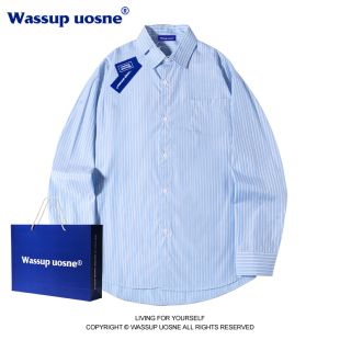 WASSUP慵懒风蓝色条纹衬衫男女春秋季宽松韩版长袖情侣装衬衣外套