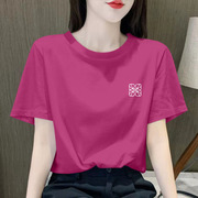 韩国玫红色t恤女短袖2024春夏季正肩纯棉宽松遮肚子内搭上衣