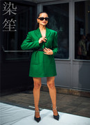 欧洲站街拍设计师款绿色羊绒西服冬装羊毛西装外套短款大衣定制款