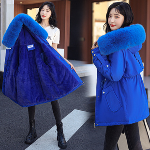 派克服2023女士冬季加绒加厚棉袄中长款蓝色羽绒棉衣棉服外套