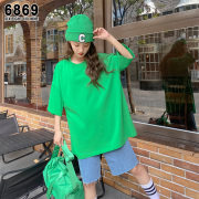 6869深绿色T恤女圆领宽松慵懒风上衣230g中长款显白减龄纯色T恤