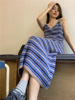 蓝色条纹V领吊带连衣裙女春夏季法式气质针织裙子内搭打底A字长裙