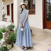 蓝色法式条纹背心长裙，女夏季2024韩版马甲，无袖连衣裙两件套装