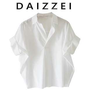 daizzei~2023夏季时尚质白色，宽松蝙蝠袖，polo领套头衬衫女上衣