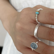 S925纯银戒指女款个性时尚海蓝宝水晶戒指磨砂简约素圈碎银指环