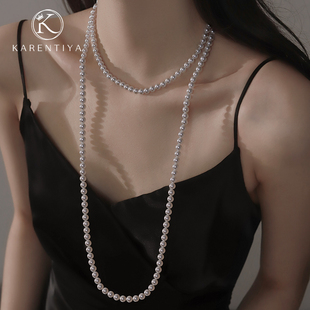 珍珠项链女长款小众轻奢正圆，强珠光施家水晶，毛衣链多层多种叠戴法
