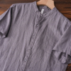 夏季日系纯亚麻纽扣，亨利领衬衫纯色简约百搭轻薄透气灰紫色短袖