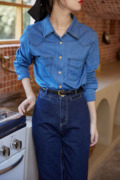 GOJO 法式复古牛仔衬衫外套女宽松深蓝色早秋设计感工装长袖上衣