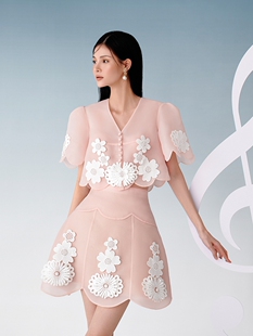 甜美公主气质套装裙女设计师，夏刺绣(夏刺绣，)贴花粉色欧根纱上衣半身裙