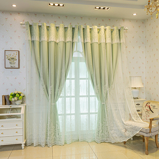 窗帘遮光布纱一体双层飘窗客厅，卧室纯色田园，简约现代绣花纱帘