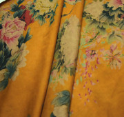 橘黄色牡丹印花40姆米重磅绢纺香云纱连衣裙旗袍布料桑蚕丝绸面料