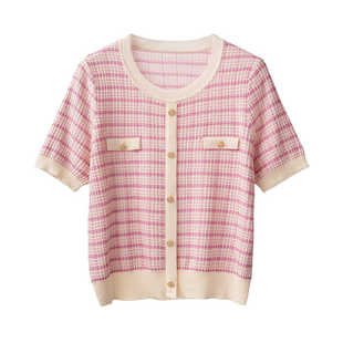 2024春夏条纹针织衫薄款女小香风短袖粉色天丝短袖t恤上衣