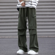 军绿色工装裤男秋季褶皱，宽松大码胖子，多口袋设计感日系复古长裤子