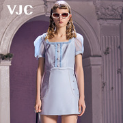 VJC/威杰思春夏女装蓝色方领短袖小香格纹花边修身上衣