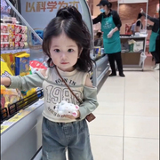 韩国童装女童长袖t恤春季洋气女宝宝字母，时尚体恤儿童假两件上衣