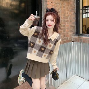 两件套装单件春秋韩系格子马甲背心，针织毛衣女(毛衣女，)外穿上衣+打底衬衫