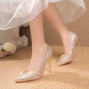 水晶婚鞋2023秀禾主婚纱，两穿结婚新娘鞋金色，闪闪不累脚高跟鞋