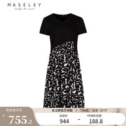 Maseley/玛塞莉夏季黑色拼接印花裙摆设计梭织优雅连衣裙女