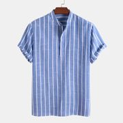 Striped short sleeved standing collar shirt 条纹短袖立领衬衫