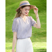 法式紫色蕾丝v领泡泡短袖，别致雪纺衫，上衣女2023夏季小衫洋气