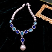 欧美珍珠蓝色宝石钻，项链女轻奢小众百搭锁骨，链常规毛衣链