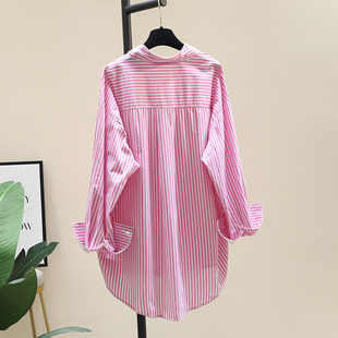 粉色中长款条纹衬衫女2024年春装，韩国东大门宽松休闲衬衣上衣