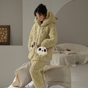 特厚熊猫珊瑚绒睡衣冬季女加绒加厚2023三层夹棉家居服套装