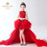 儿童拖尾礼服公主裙，蓬蓬纱女童走秀晚礼服，红色中式小主持人表