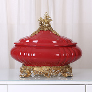 欧式古典大红色陶瓷配铜高档摆件美式别墅花瓶，果盘婚庆工艺品
