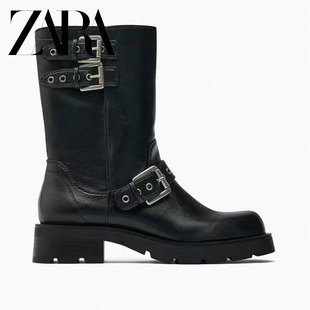 2024冬季ZA女鞋圆头搭扣饰机车款平底切尔西短靴粗跟时装马丁靴子