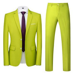 韩版西服套装结婚两粒扣两件套3D图草绿色西装上衣西裤子