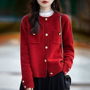 红色秋冬香风毛衣外套宽松圆领单排甜美气质针织开衫上衣