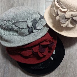 春秋女士纯羊毛礼帽蕾丝花朵，叶子装饰淑女，纯色礼帽复古圆顶优雅