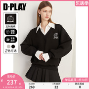 dplay春装黑色学院风刺绣假两件宽松廓形卫衣，时尚美式复古女外套