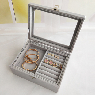 翻盖双层戒指耳钉耳环手链饰品，欧式透明防尘绒布小容量珠宝收纳盒