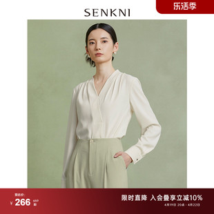 senkni圣可尼白色简约衬衫，设计感小众春秋，雪纺衫气质上衣女装