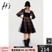 HS奥莱春季商场同款黑色菱形网纱撞色方领泡泡袖设计感连衣裙女