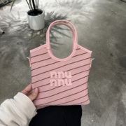 韩版小众设计帆布撞色条纹手提菜篮子，包包简约轻便时髦洋气斜跨包