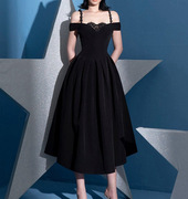 越南小众设计设计师买手珍珠一字，肩蕾丝v领黑色长礼服连衣裙9947