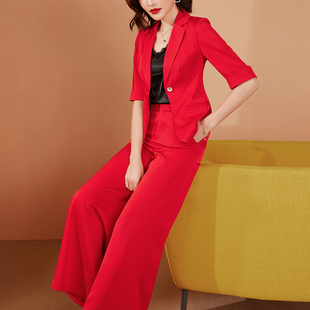 美妃雅时尚红色半袖西装套装外套女2024春季洋气七分裤两件套