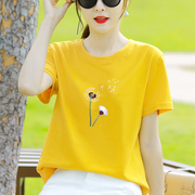 纯棉黄色短袖t恤女士体恤2022年夏装宽松夏季女装上衣服正肩