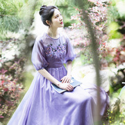 棉麻记雪纺连衣裙女夏季2023年泡泡袖圆领，长裙气质紫色裙子仙