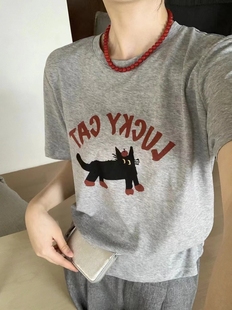 纯棉夏季韩版可爱猫字母图案短袖t恤女2024夏季简约休闲T