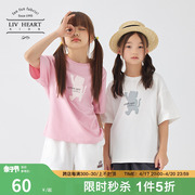 日本LIVHEART儿童纯棉小猫印花短袖T恤女夏季圆领上衣女大童